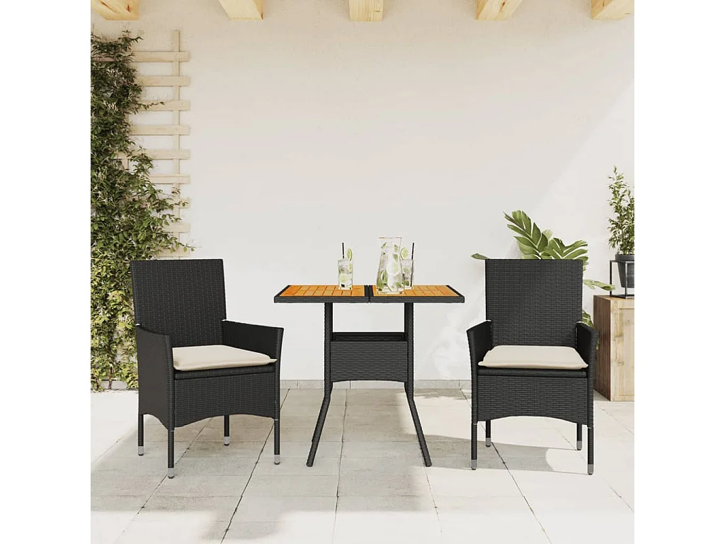 Ensemble à manger de jardin et coussins 3 pcs noir rotin acacia