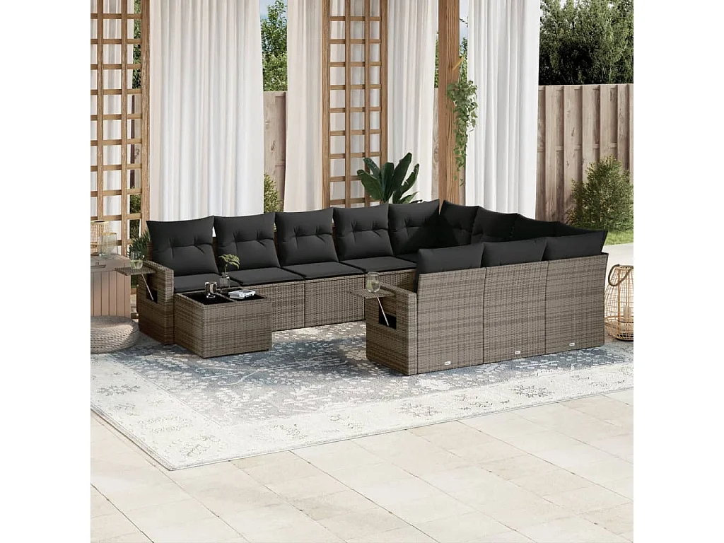 Set de sofás de jardín 11 pzas y cojines ratán sintético gris