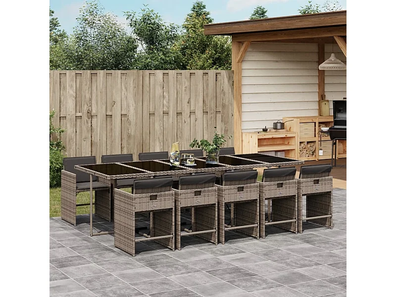 Set de comedor de jardín 11 pzas y cojines ratán sintético gris