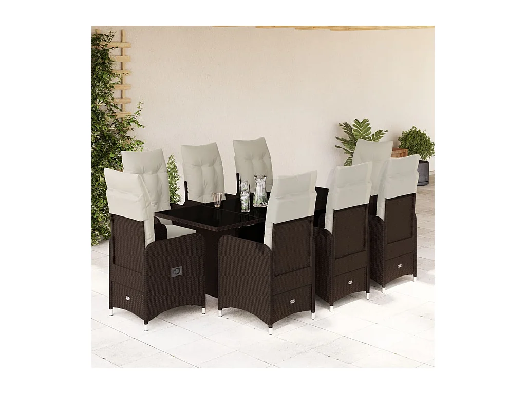 Ensemble de bistro de jardin 9 pcs coussins marron poly rotin