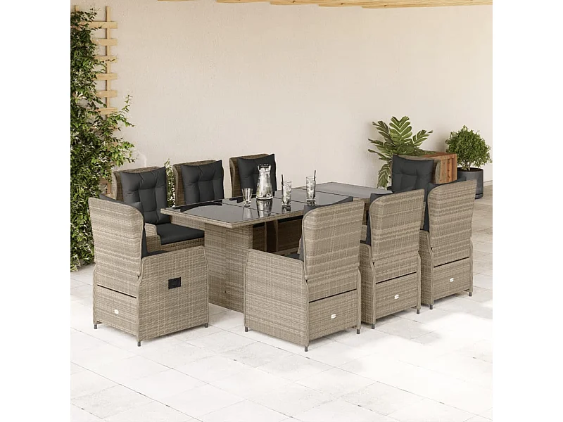 Ensemble à manger de jardin et coussins 9 pcs gris clair rotin