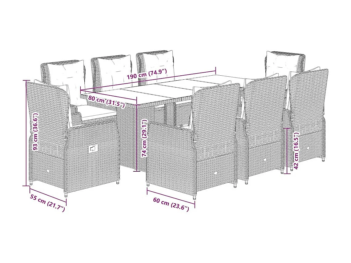 Ensemble à manger de jardin et coussins 9 pcs gris clair rotin