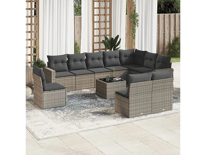 Salon de jardin 11 pcs avec coussins gris résine tressée