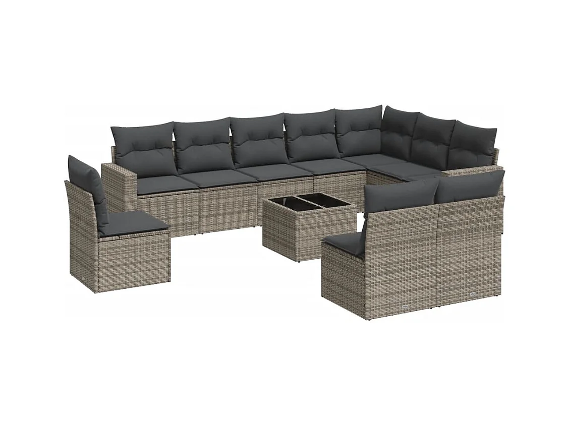 11-tlg. Garten-Sofagarnitur mit Kissen Grau Poly Rattan