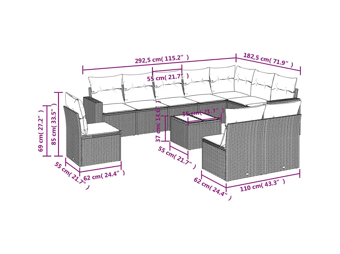 11-tlg. Garten-Sofagarnitur mit Kissen Grau Poly Rattan