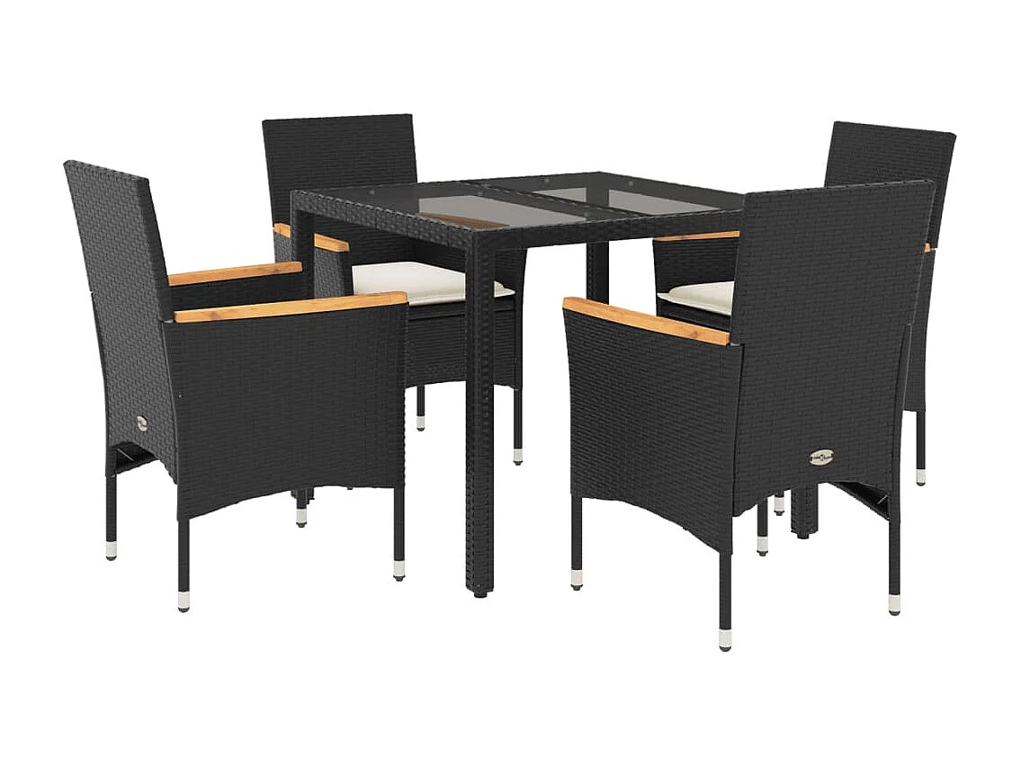 5-tlg. Garten-Essgruppe mit Kissen Schwarz Poly Rattan und Glas
