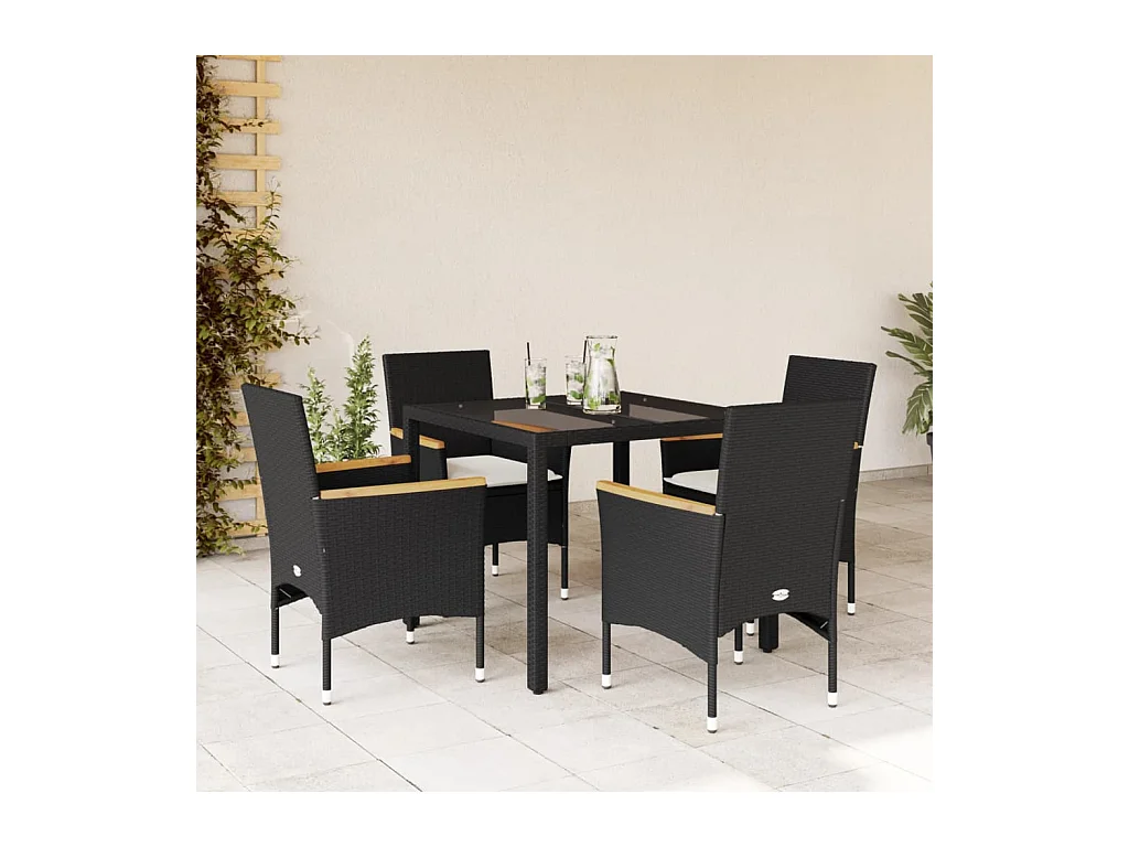 Ensemble à manger de jardin et coussins 5 pcs noir rotin verre