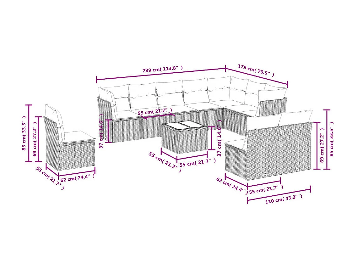 11-delige Tuinset met kussens poly rattan beige