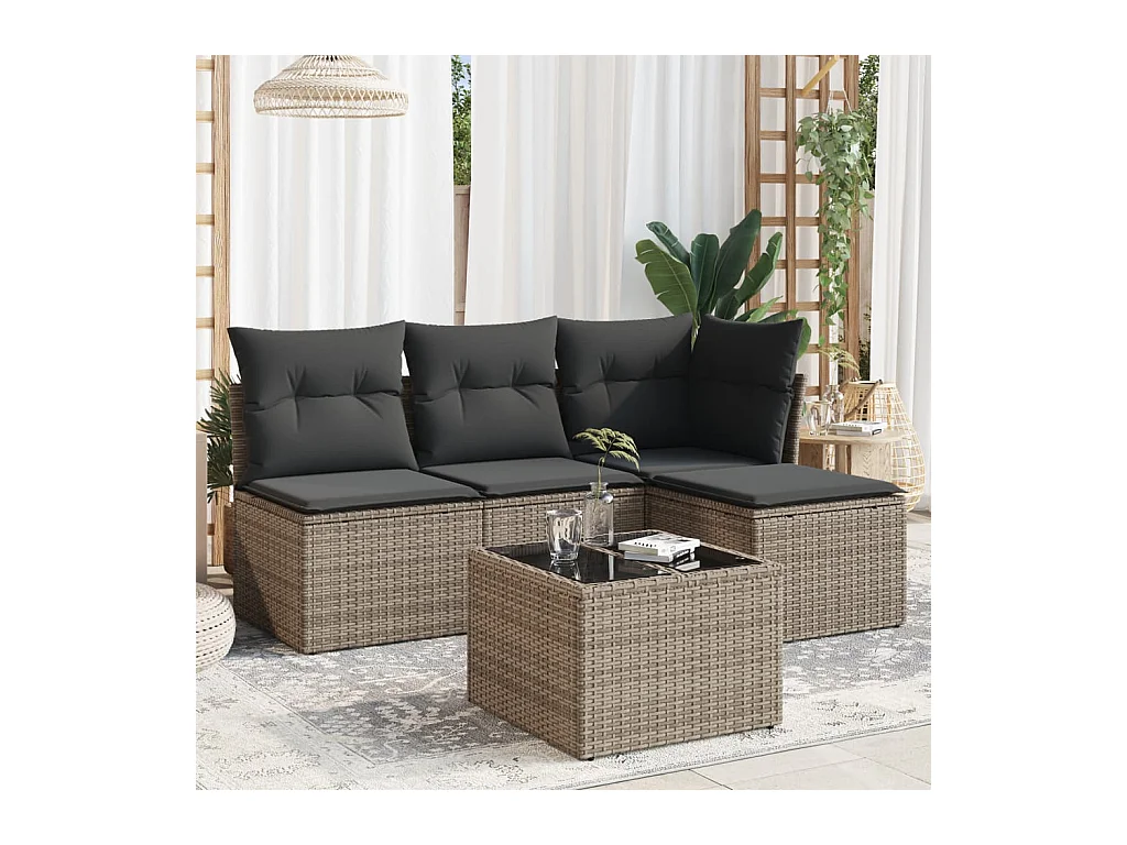 5-delige Loungeset met kussens poly rattan grijs