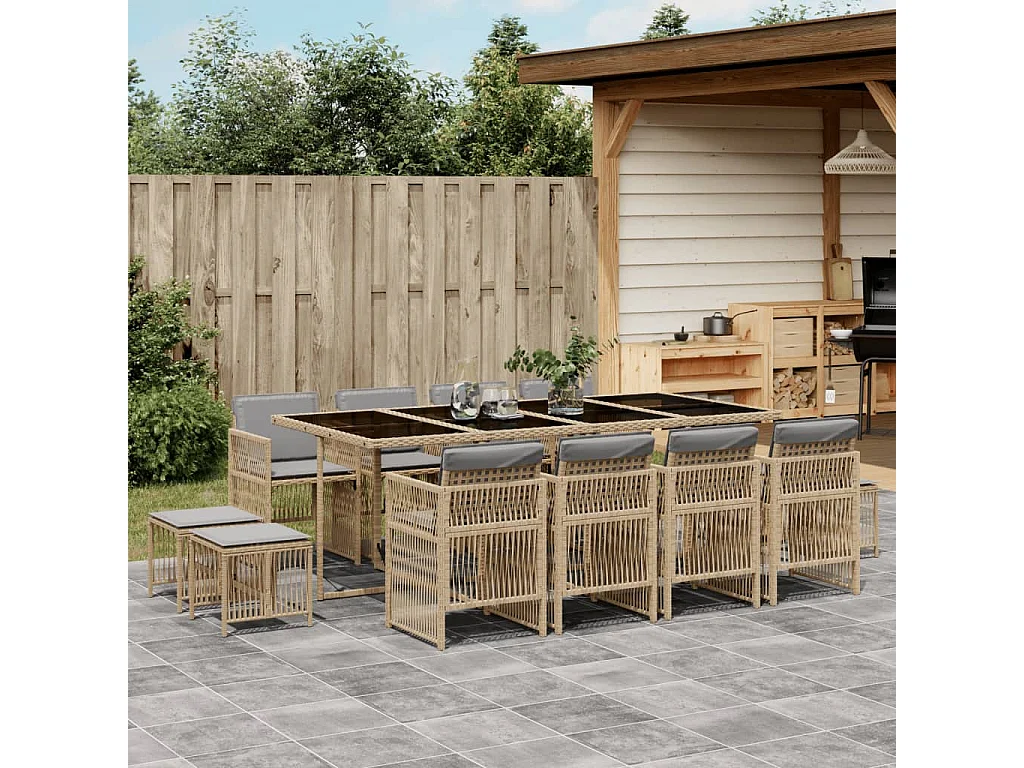 13-tlg. Garten-Essgruppe mit Kissen Beigemischung Poly Rattan