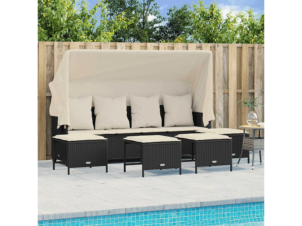5-delige Loungeset met kussens poly rattan zwart
