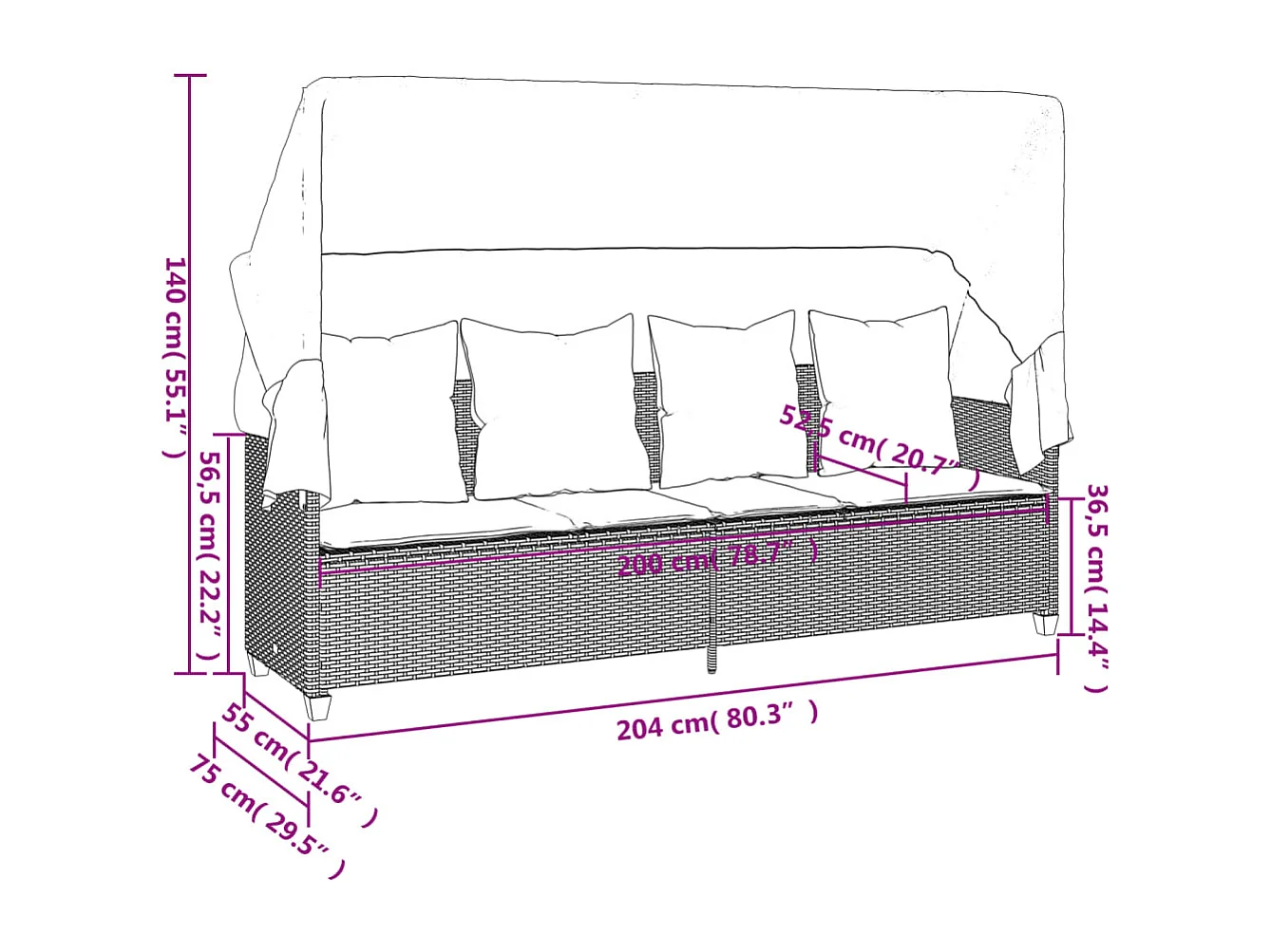5-delige Loungeset met kussens poly rattan zwart