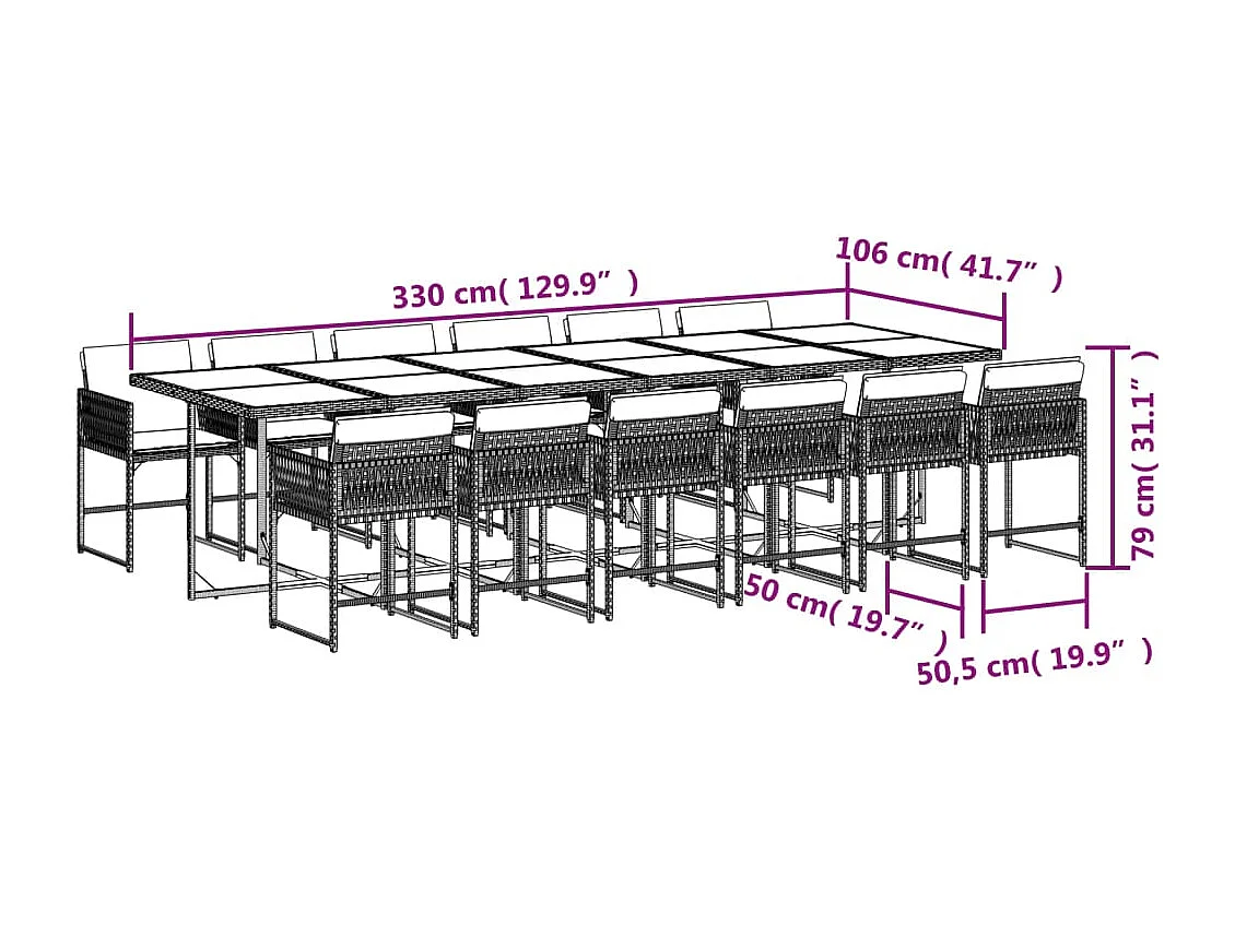 Ensemble à manger de jardin avec coussins 13 pcs marron rotin