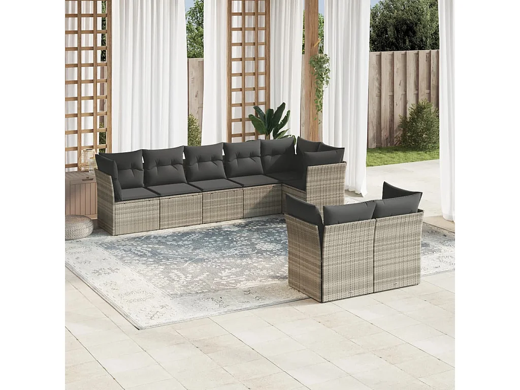 8 pcs conj. sofás jardim c/ almofadões vime PE cinzento-claro