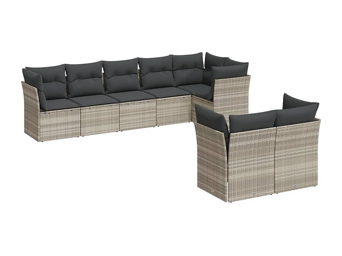 8 pcs conj. sofás jardim c/ almofadões vime PE cinzento-claro