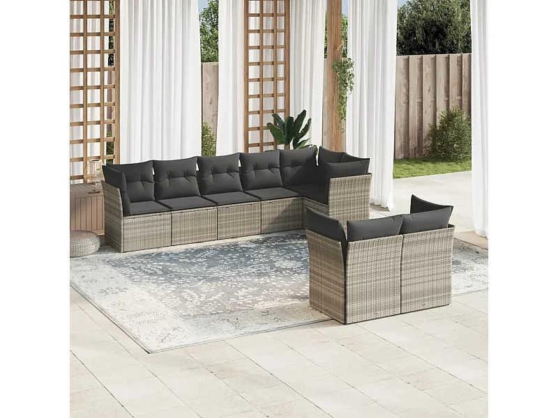 8 pcs conj. sofás jardim c/ almofadões vime PE cinzento-claro