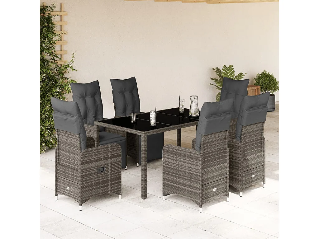 Ensemble de bistro de jardin 7 pcs coussins gris poly rotin