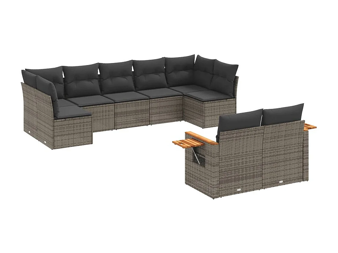 Salon de jardin 9 pcs avec coussins gris résine tressée