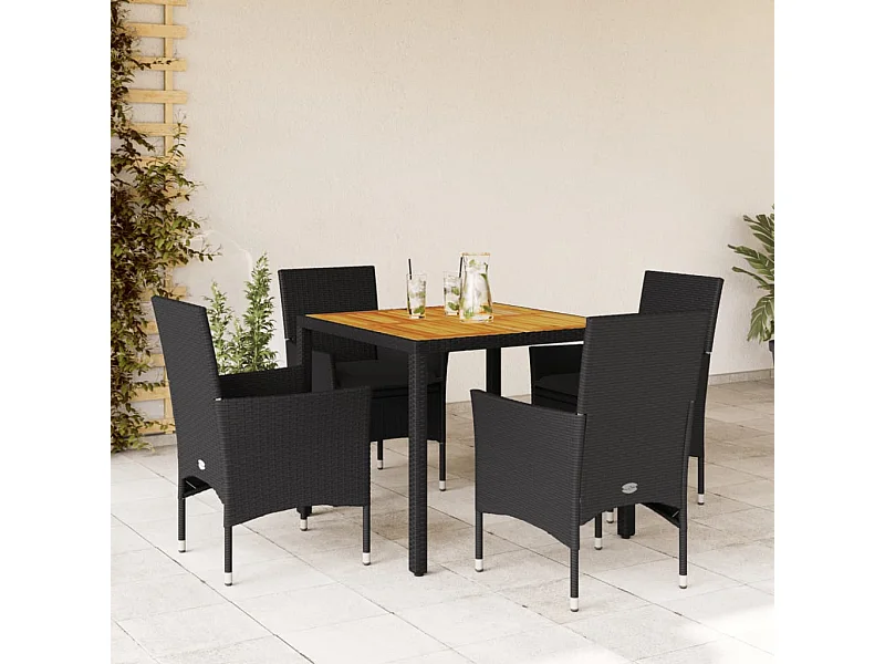 Ensemble à manger de jardin et coussins 5 pcs noir rotin acacia