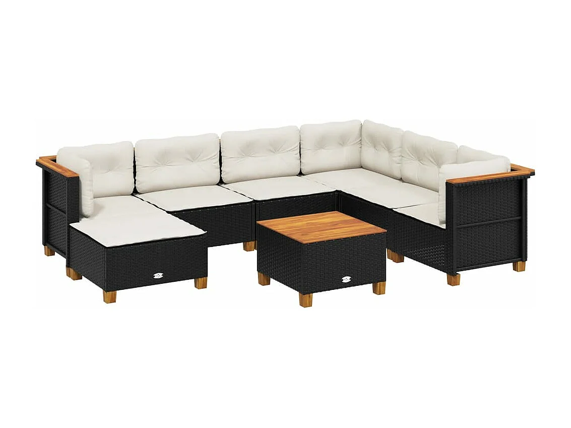 8-delige Loungeset met kussens poly rattan zwart