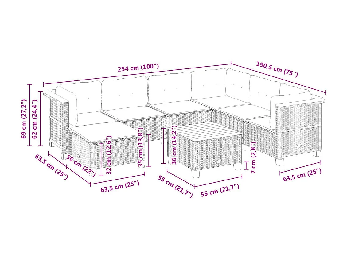8-delige Loungeset met kussens poly rattan zwart