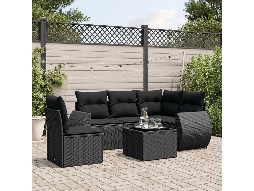 Set Divano da Giardino 6 pz con Cuscini Nero in Polyrattan