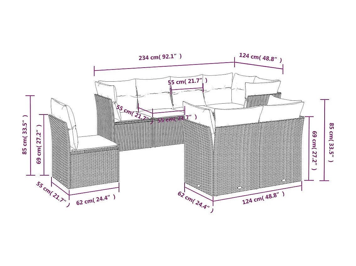 Set de sofás de jardín 8 pzas y cojines ratán sintético gris