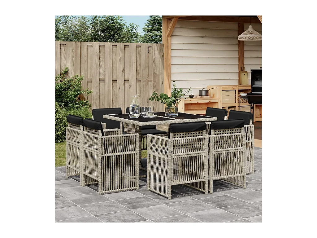 Ensemble à manger de jardin et coussins 9 pcs gris clair rotin