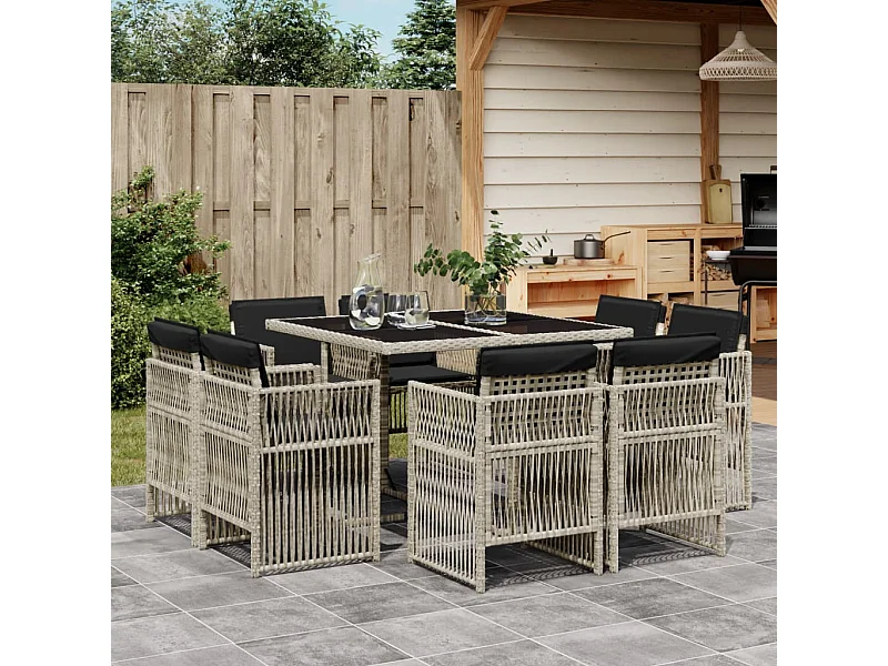 9-tlg. Garten-Essgruppe mit Kissen Hellgrau Poly Rattan