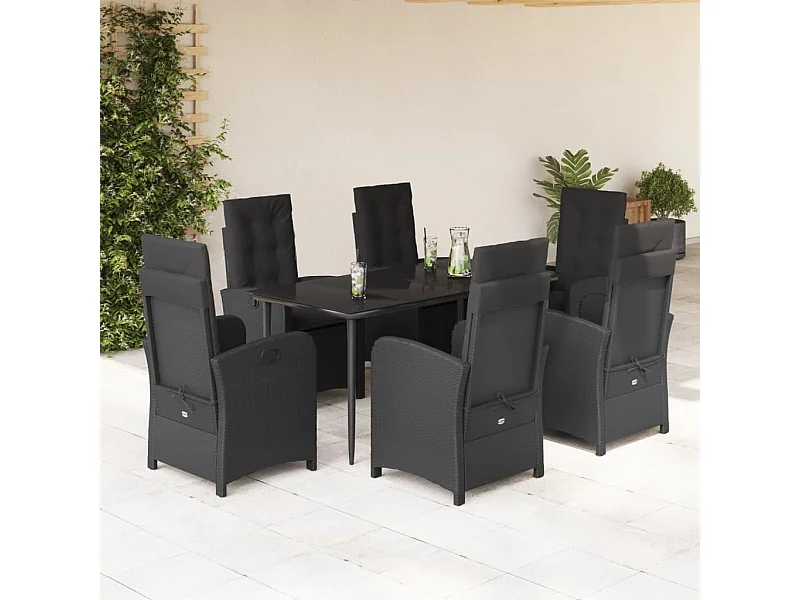 Ensemble à manger de jardin coussins 7pcs Noir Résine tressée