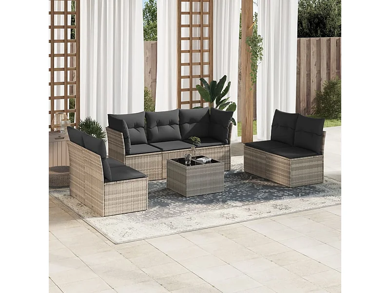 Set de sofás de jardín 8 pzas y cojines ratán sintético gris