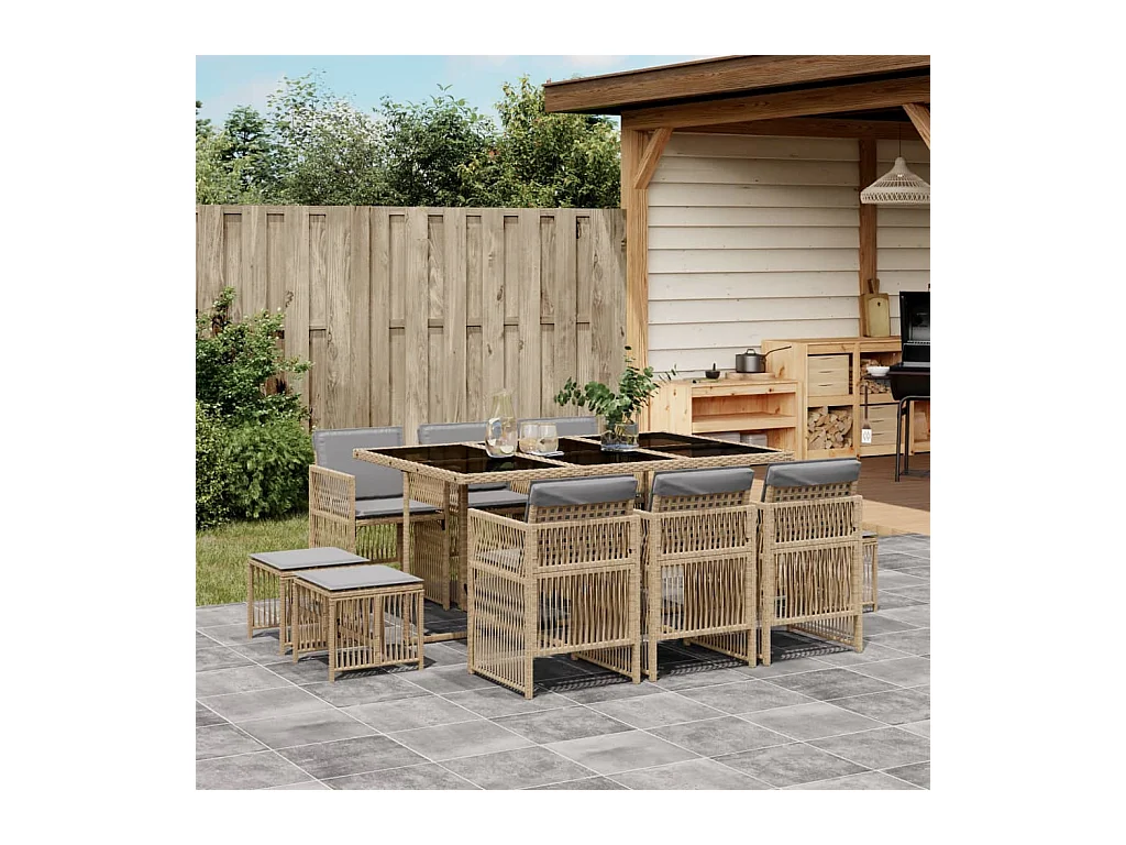 Set comedor de jardín 11 pzas con cojines ratán sintético beige