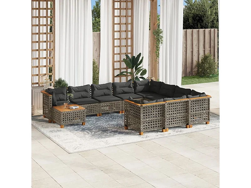 11-delige Loungeset met kussens poly rattan grijs
