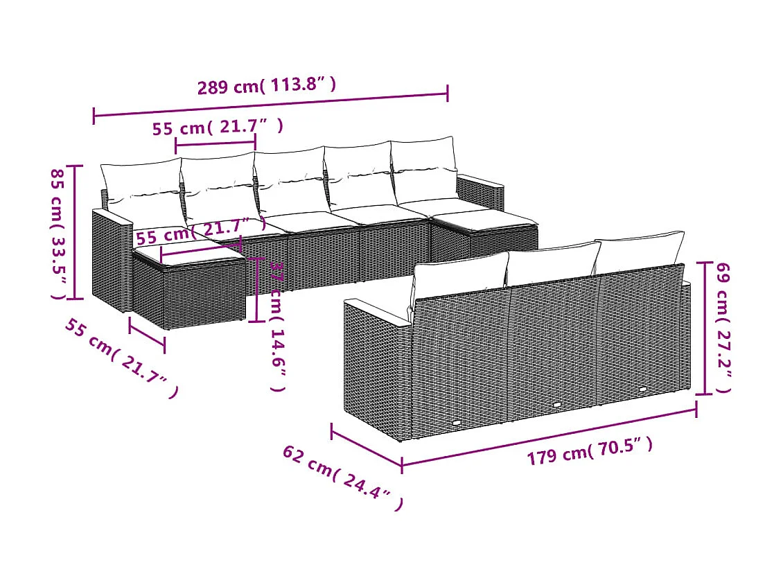 10-delige Loungeset met kussens poly rattan zwart