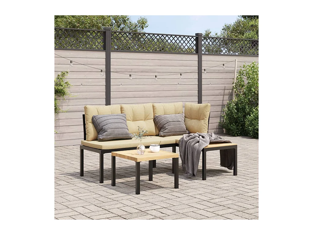 3-delige Loungeset met kussens gepoedercoat staal zwart