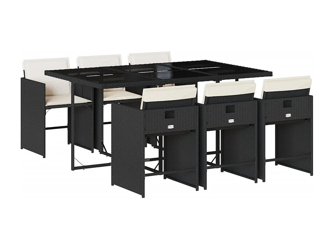 7 pcs conjunto de jantar p/ jardim c/ almofadões vime PE preto