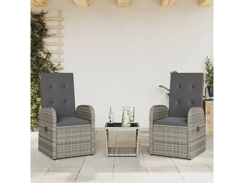 Set comedor de jardín 3 piezas con cojines ratán sintético gris