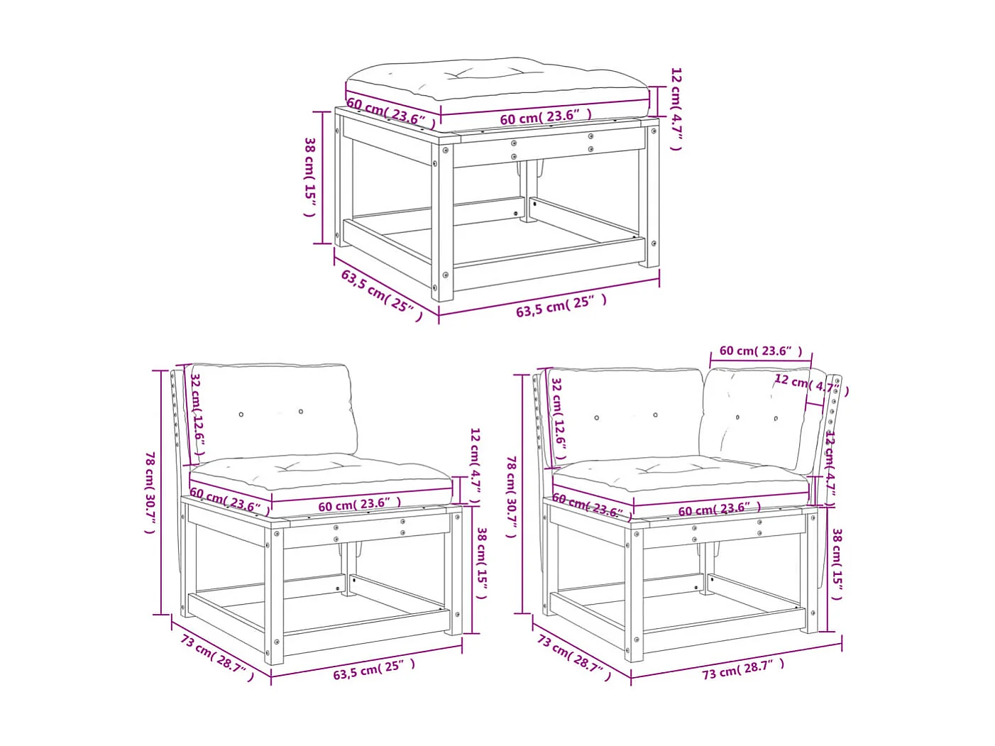 Set Divani Giardino 5 pz con Cuscini in Legno Massello di Pino