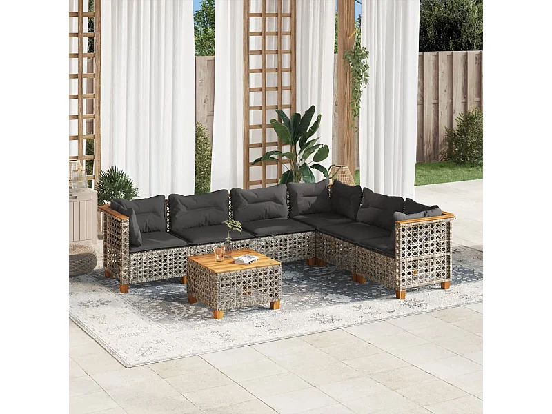 Salon de jardin avec coussins 7 pcs gris résine tressée