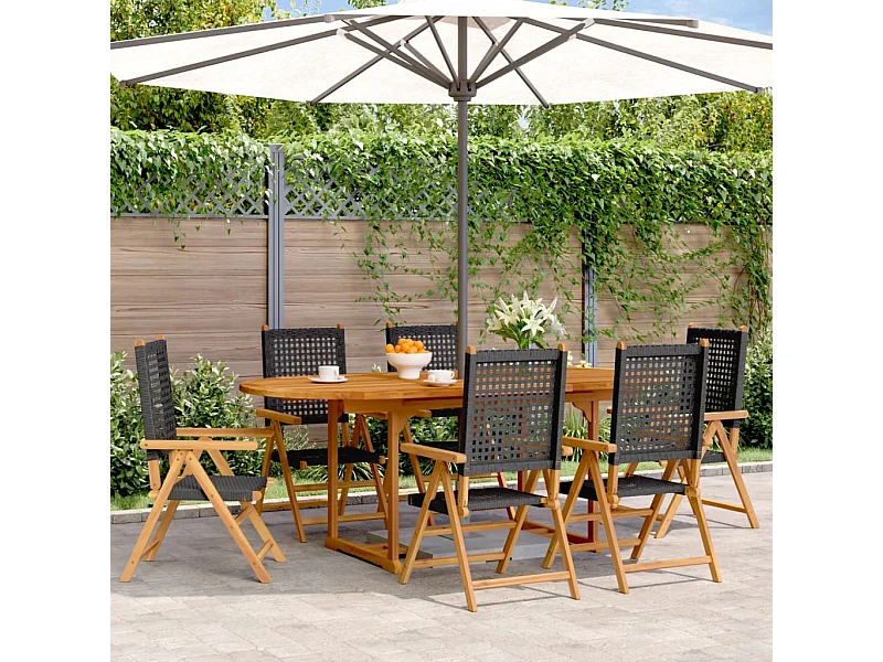 7 pcs conjunto de jantar p/ jardim vime PE/madeira maciça preto