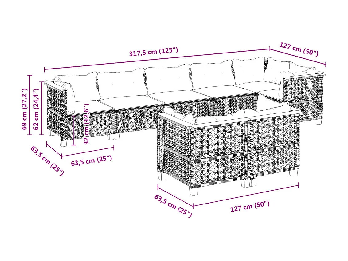 Set Divano da Giardino 8 pz con Cuscini Grigio in Polyrattan