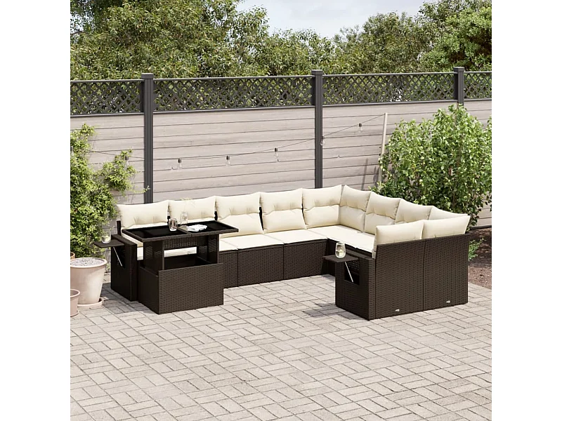 Salon de jardin 10 pcs avec coussins marron résine tressée