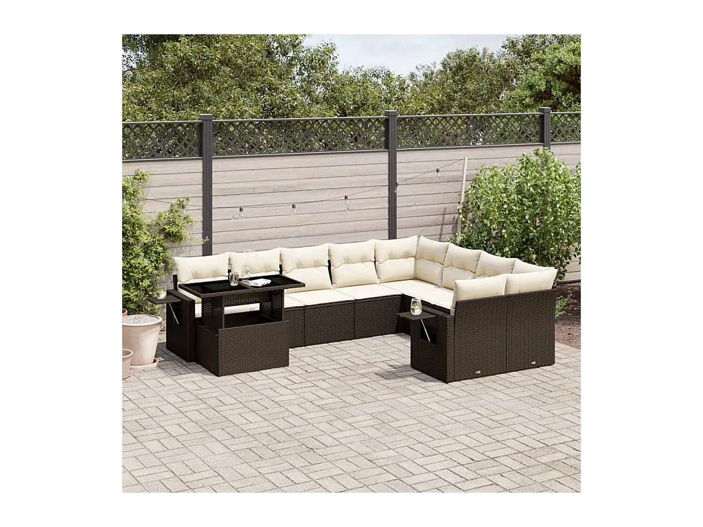 Salon de jardin 10 pcs avec coussins marron résine tressée
