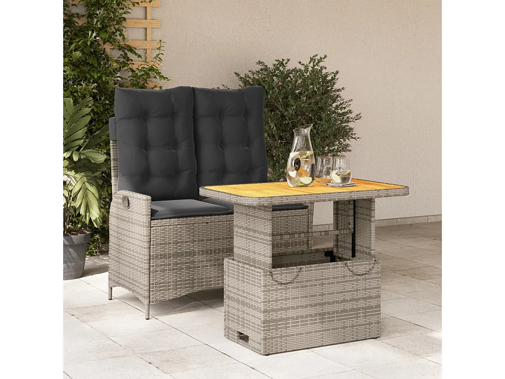 2 pcs conjunto de jantar p/ jardim c/ almofadões vime PE cinza