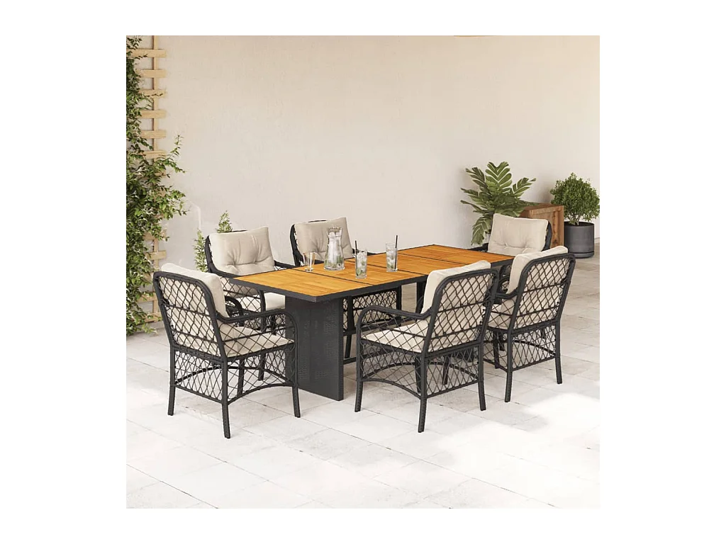 7-tlg. Garten-Essgruppe mit Kissen Schwarz Poly Rattan