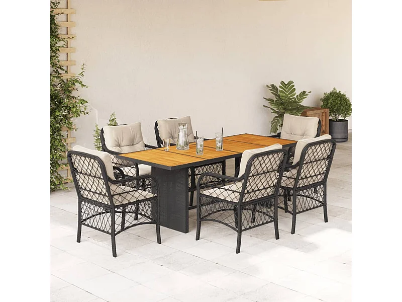7-tlg. Garten-Essgruppe mit Kissen Schwarz Poly Rattan