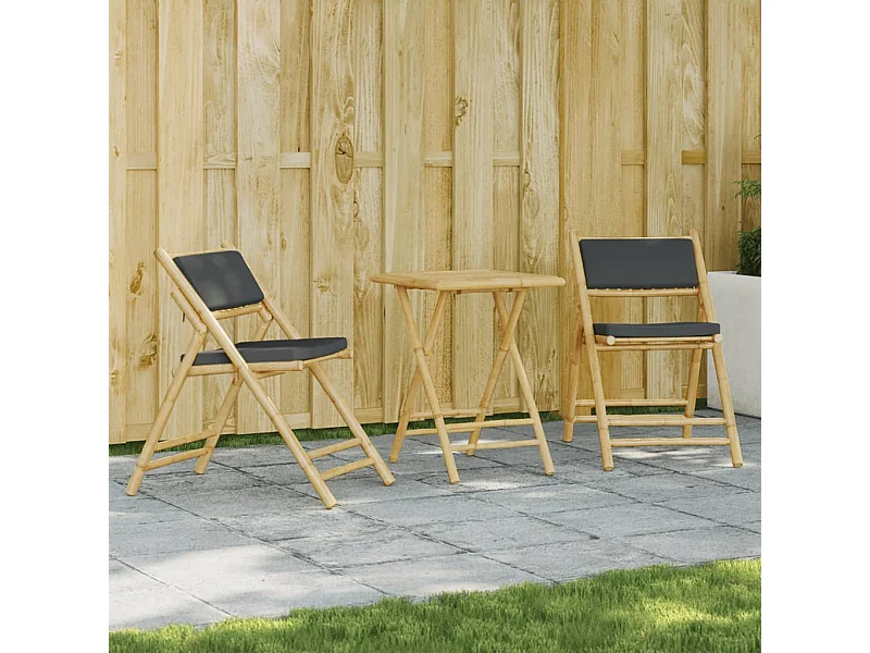 Ensemble de bistro pliante 3 pcs et coussins gris foncé bambou