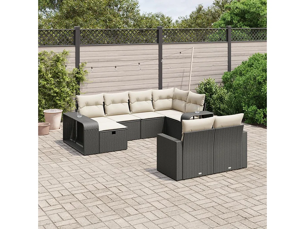 10-delige Loungeset met kussens poly rattan zwart