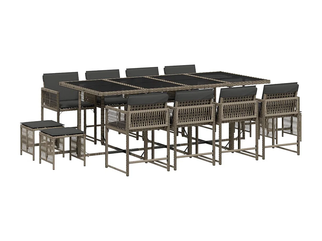 Ensemble à manger de jardin coussins 13 pcs gris résine tressée