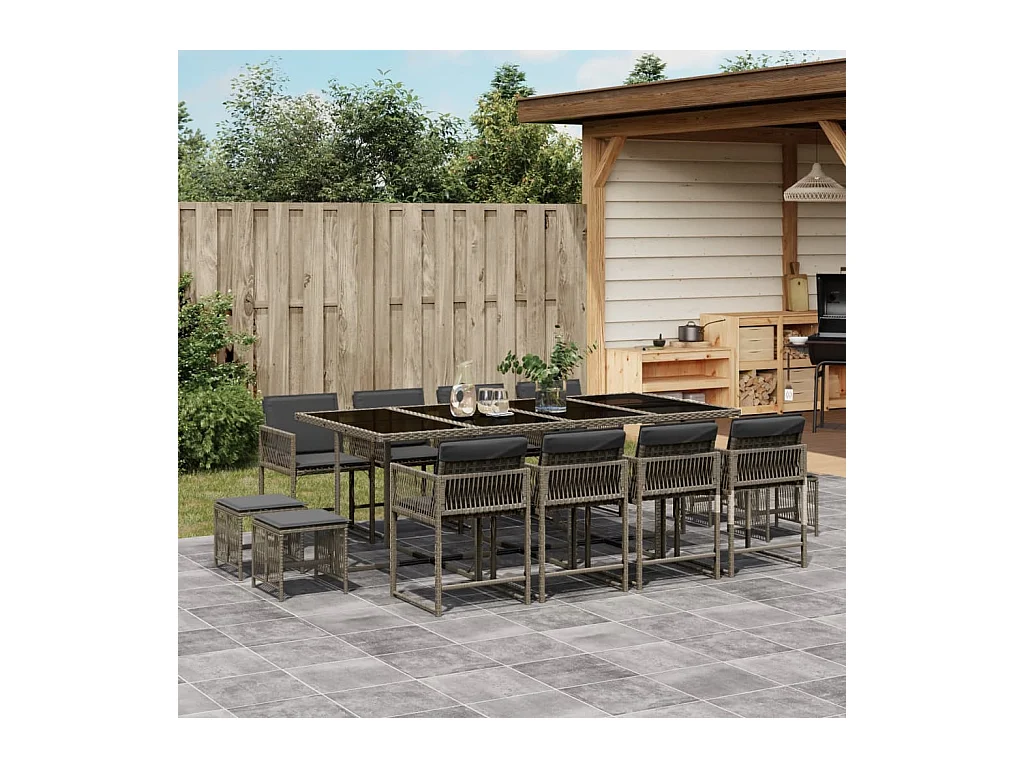 Ensemble à manger de jardin coussins 13 pcs gris résine tressée